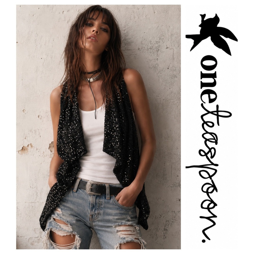 One Teaspoon Y2K McBling Black Sequin Waterfall Vest Sleeveless Glam Clubwear S